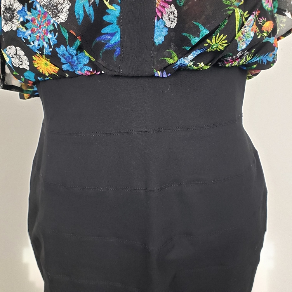 nicole by Nicole Miller Floral Black Bodycon Flutter Sleeve Midi Dress 14 - Picture 9 of 11